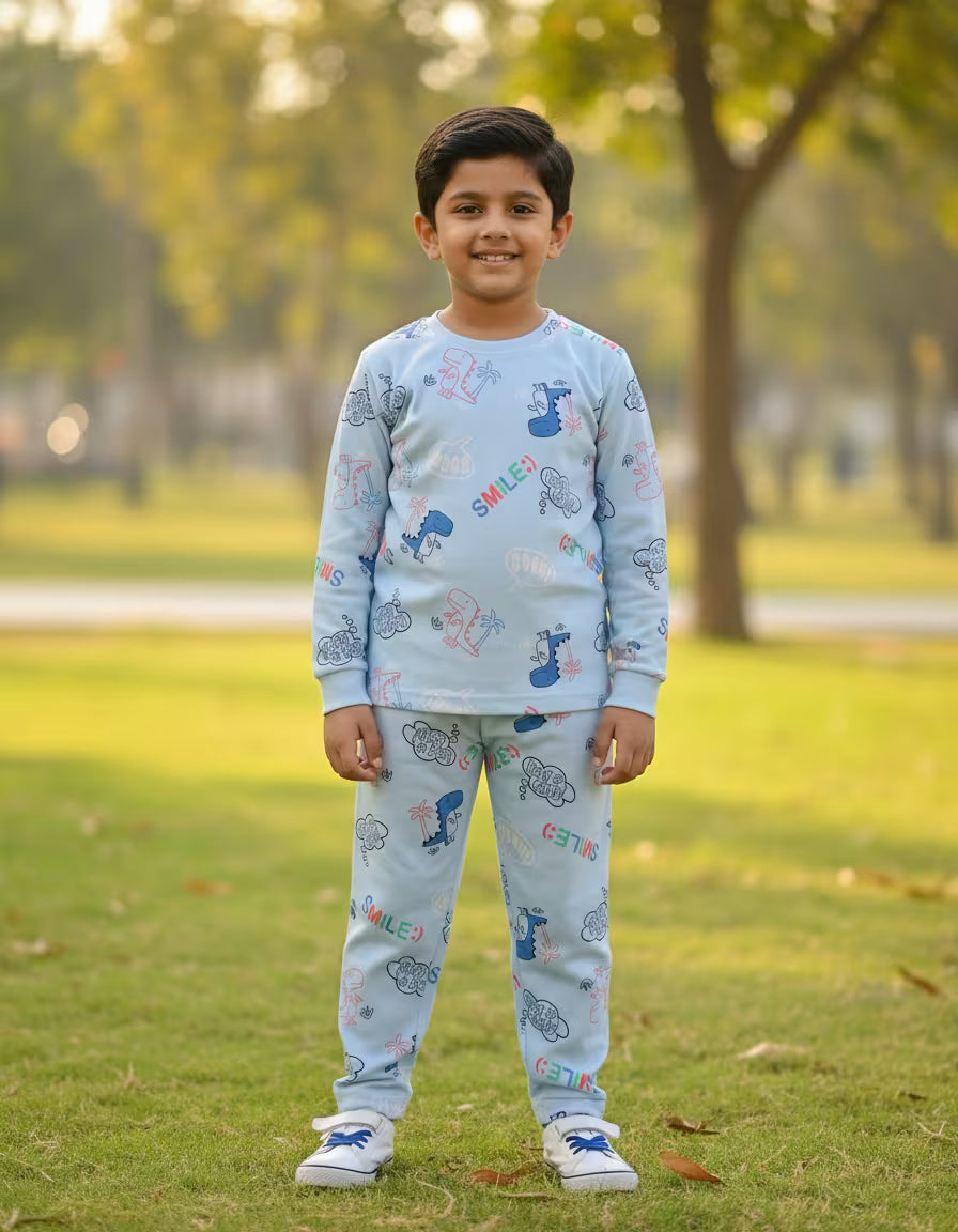 Kids Sky Blue Dino Print Co-Ord Cotton Set