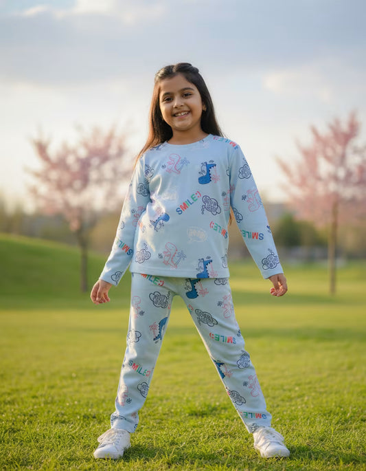 Kids Sky Blue Dino Print Co-Ord Cotton Set