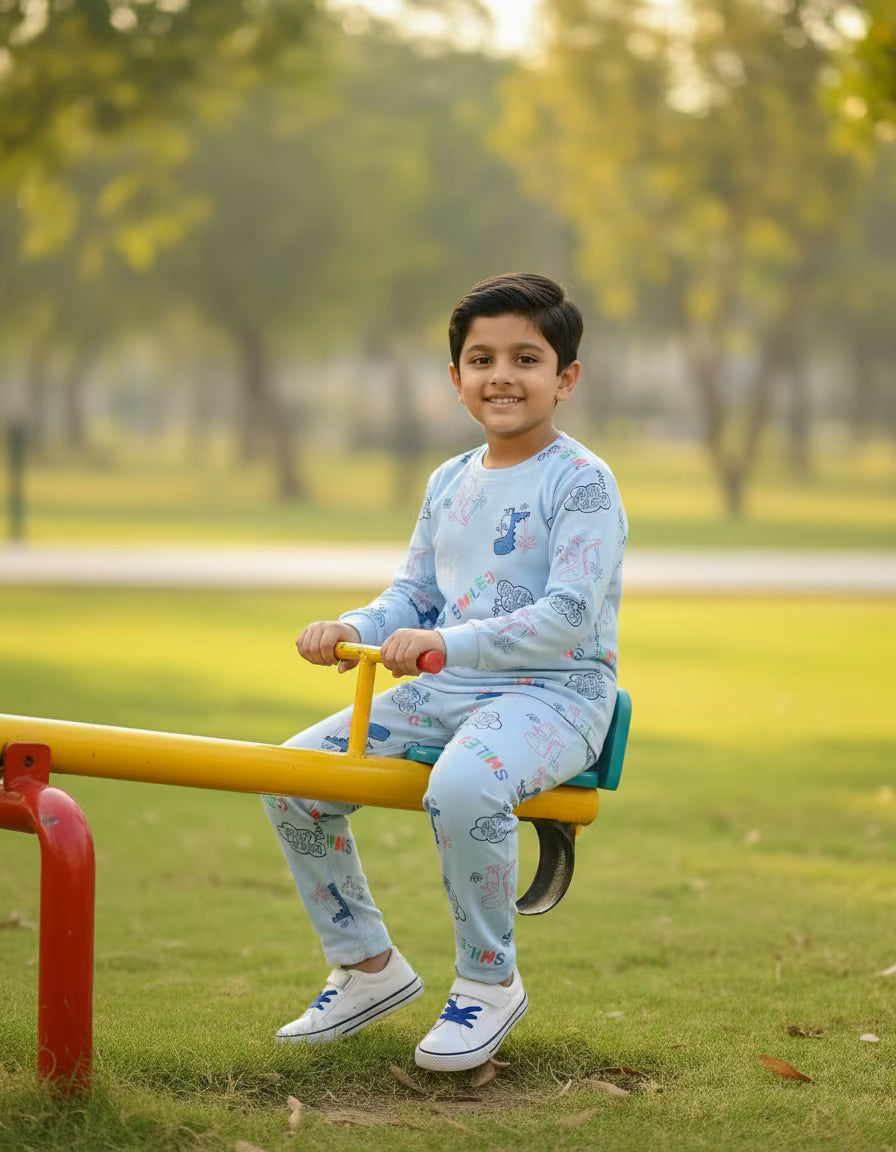 Kids Sky Blue Dino Print Co-Ord Cotton Set