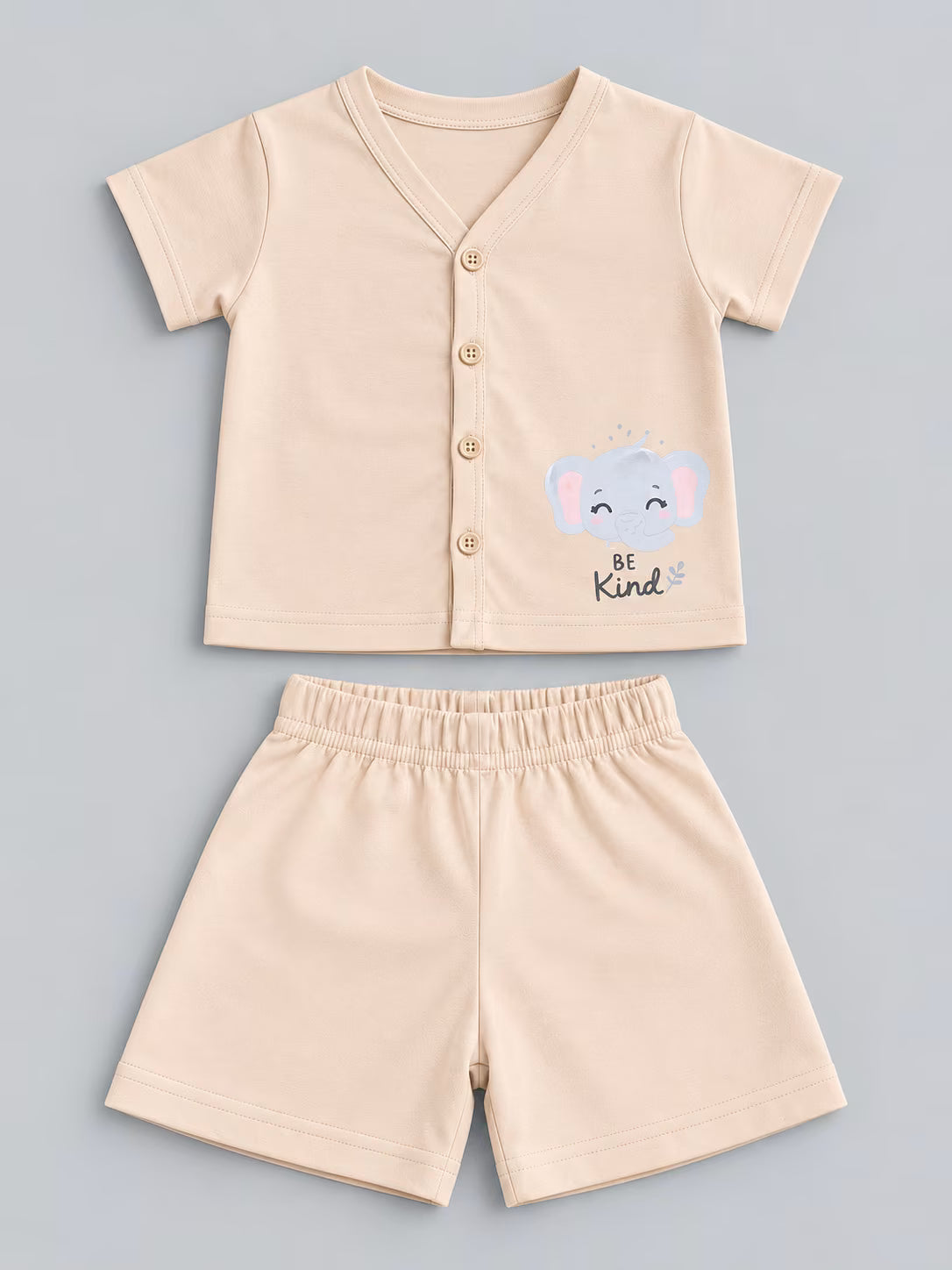 👶 Cream “Be Kind” Baby Cotton Interlock T-Shirt & Shorts Set 🐘🤍✨