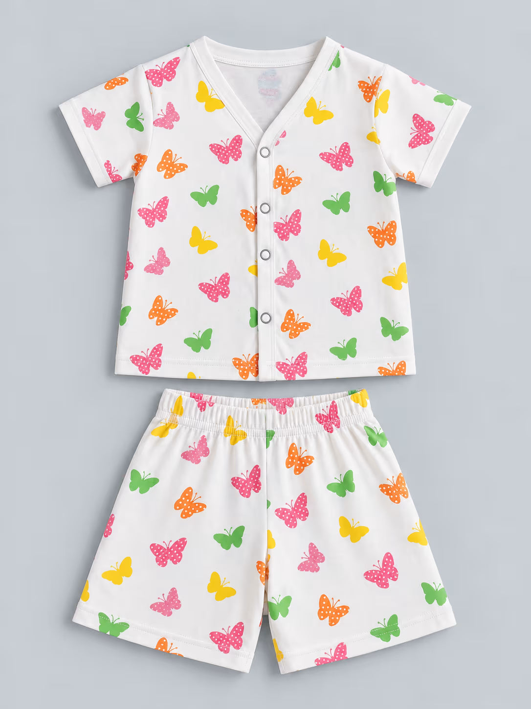 🦋 Colorful Butterfly Printed Muslin Jabla with Shorts Set – Baby Outfit
