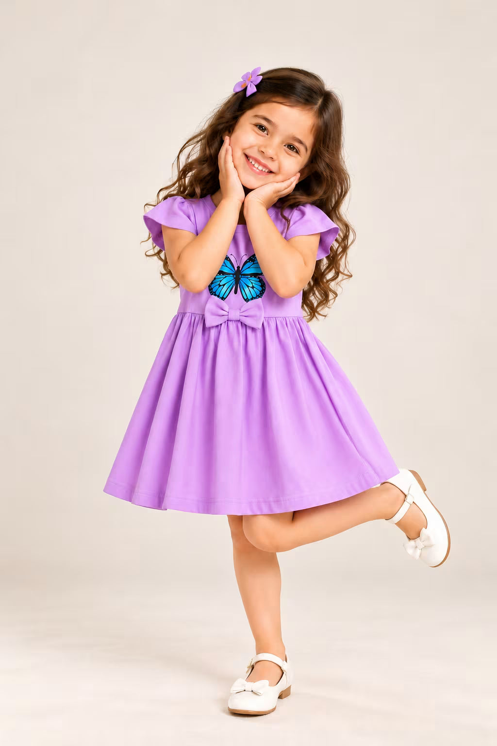 Lavender Butterfly Bow Girls Dress – Cute Cotton Frock for Girls