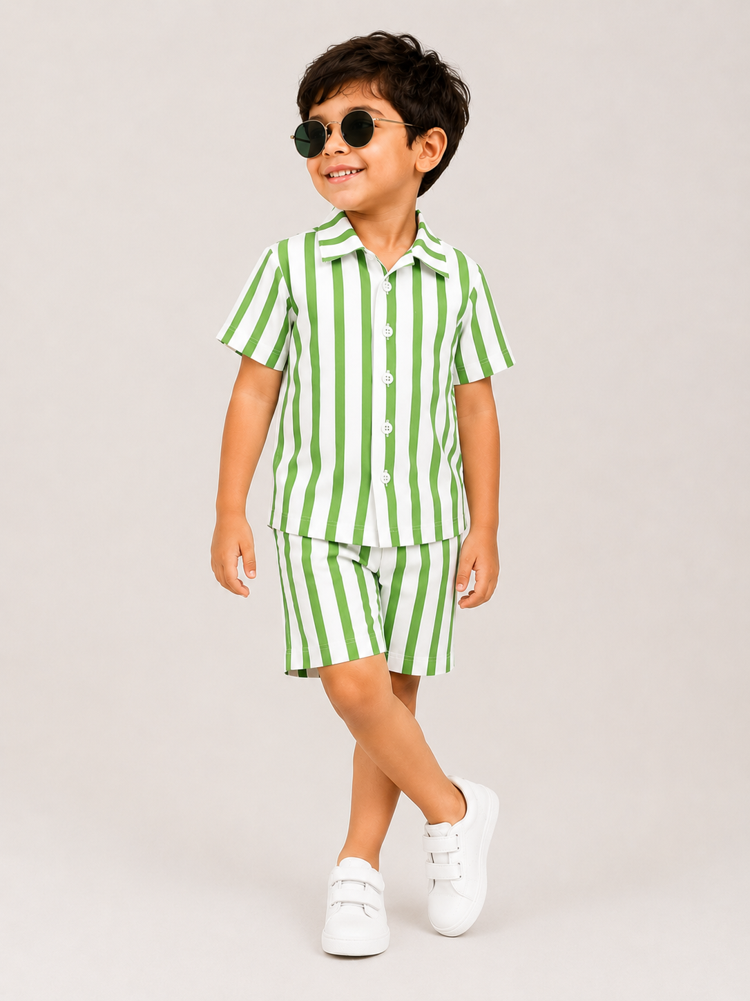Fresh Green Stripe Kids Shirt & Shorts Co-Ord Set 💚