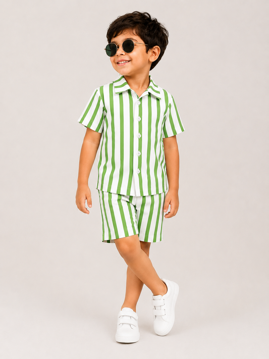 Fresh Green Stripe Kids Shirt & Shorts Co-Ord Set 💚