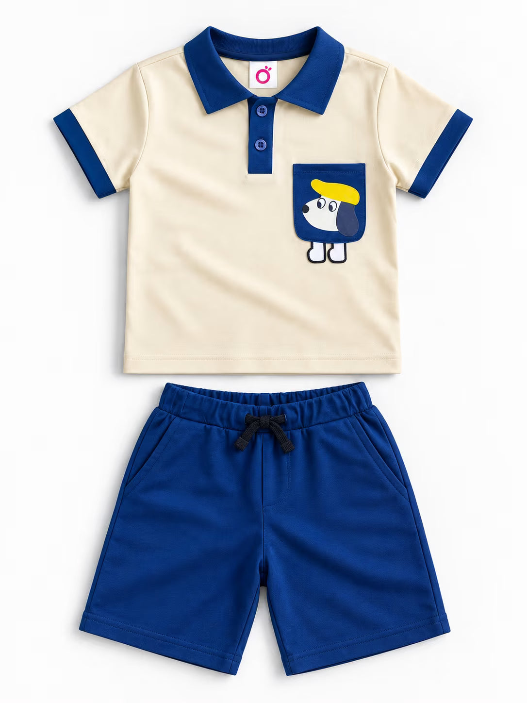 💙 Cream & Royal Blue Cartoon Dog Polo Shorts Set for Boys