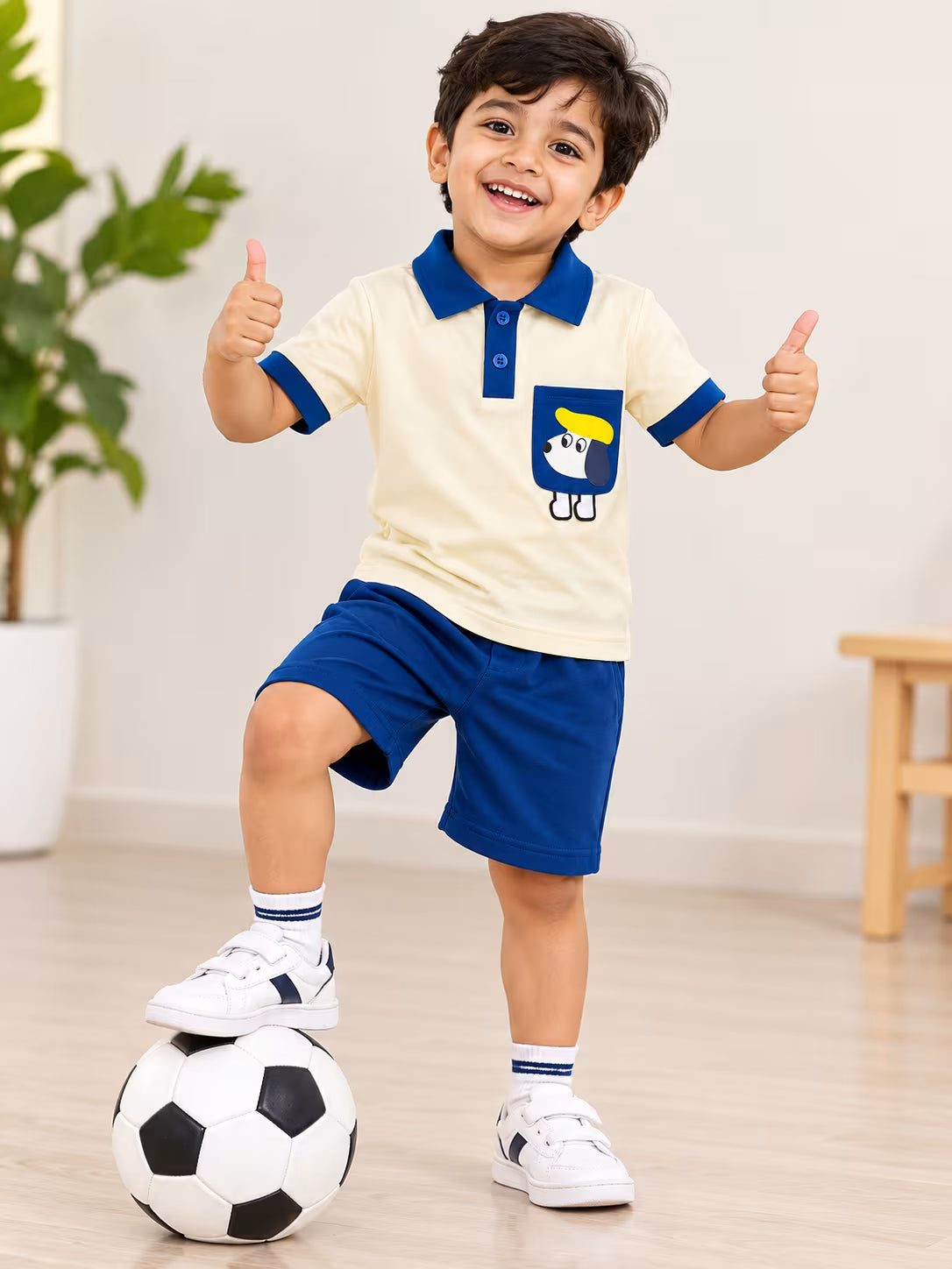 💙 Cream & Royal Blue Cartoon Dog Polo Shorts Set for Boys