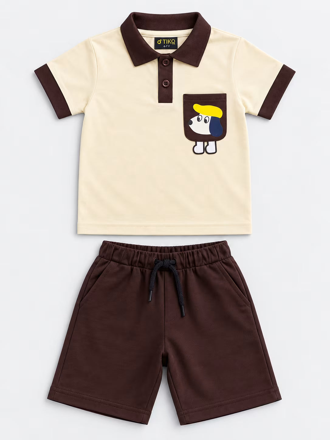 🤎 Cream & Chocolate Cartoon Dog Polo Shorts Set for Boys