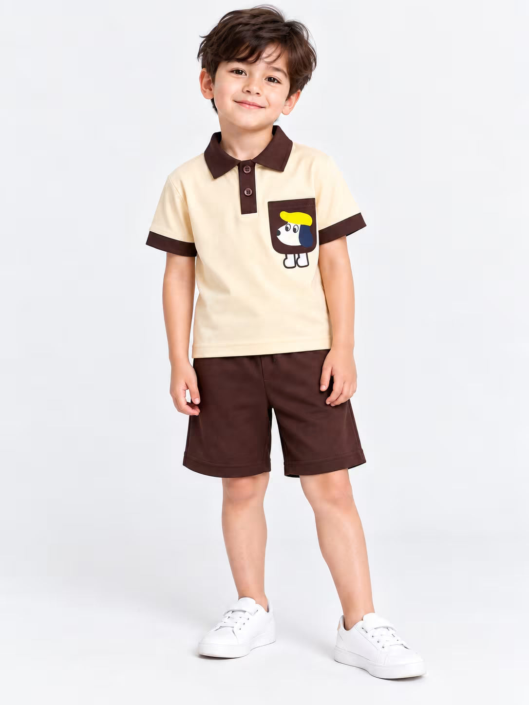 🤎 Cream & Chocolate Cartoon Dog Polo Shorts Set for Boys