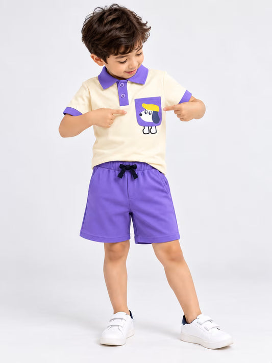 💜 Cream & Lavender Cartoon Dog Polo Shorts Set for Boys