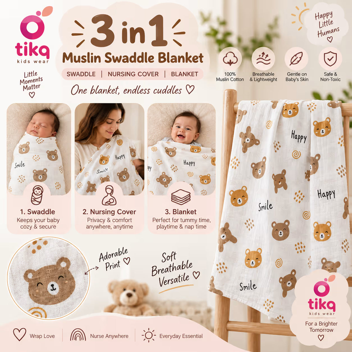 Teddy Bear Happy Baby Swaddle 🧸