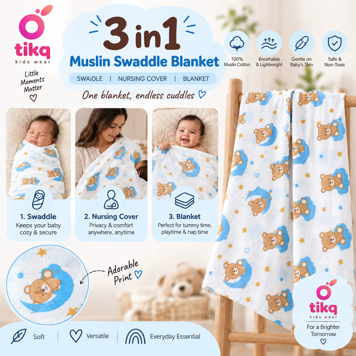 🧸 Dreamy Teddy Bear Baby Swaddle ☁️💙