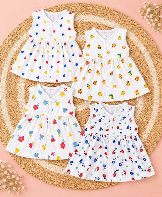 Girl Baby Sleeveless Printed Frock | Soft Breathable Cotton Muslin | Pack of 4
