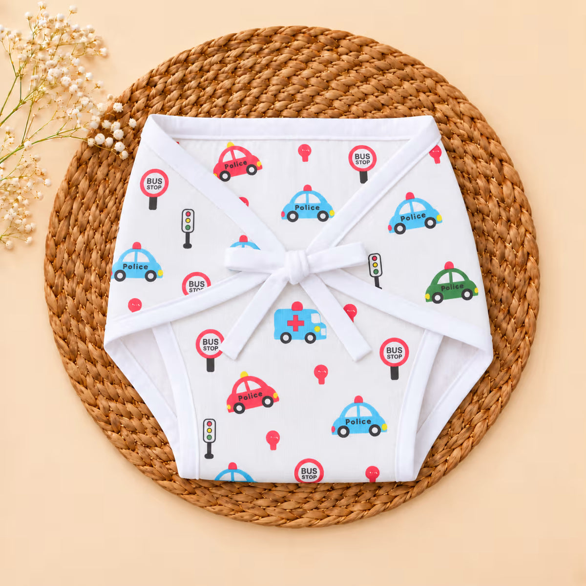 👶 Newborn Baby Police Car & Traffic Signs Muslin Tie-Shoulder Jabla & Nappy Set