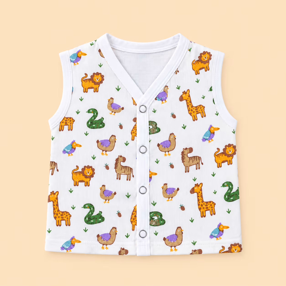 👶 Newborn Muslin Sleeveless  Jabla with Nappy Set – Safari Friends Print