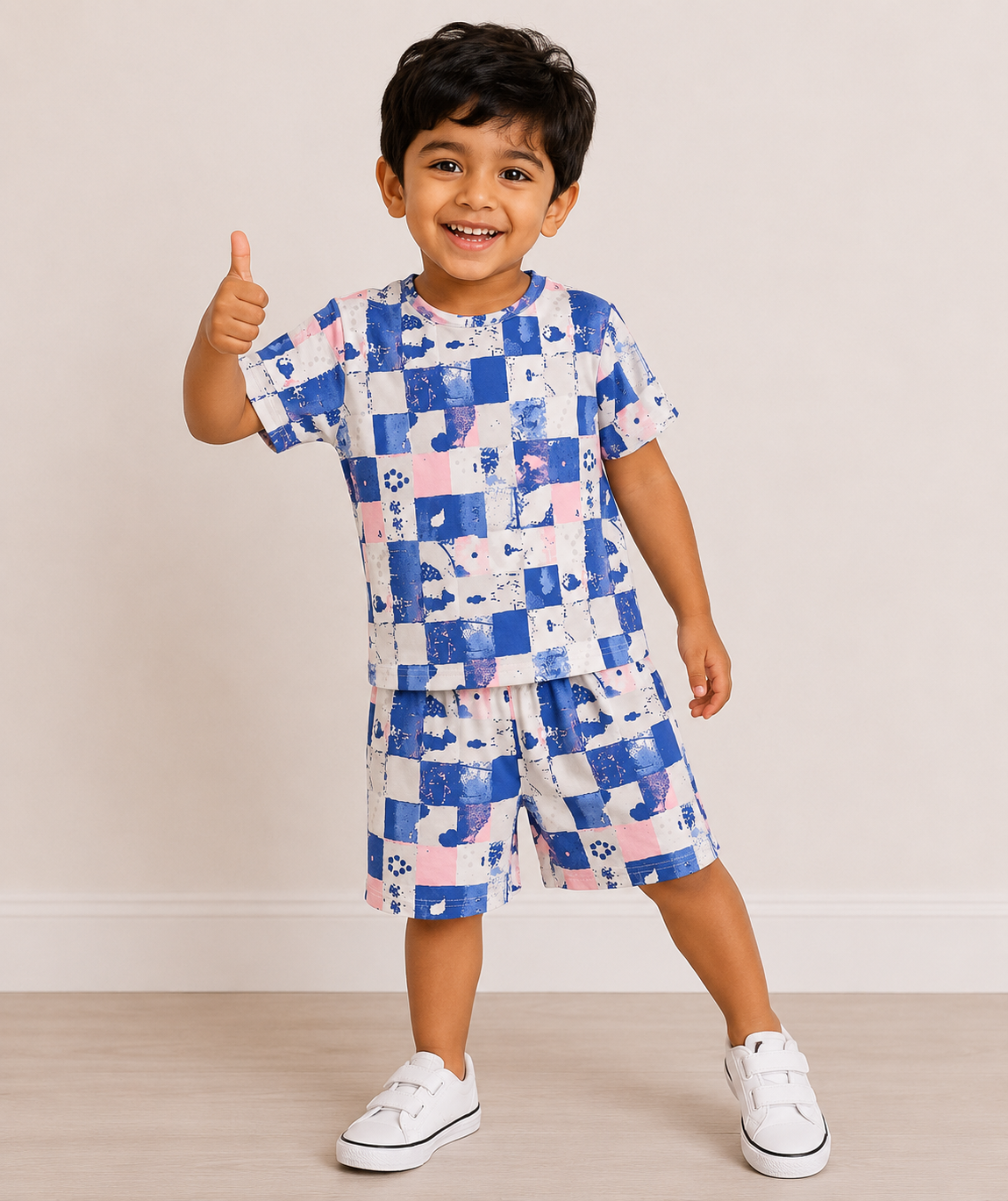 Pastel Checkered Print T-Shirt & Shorts Co-ord Set