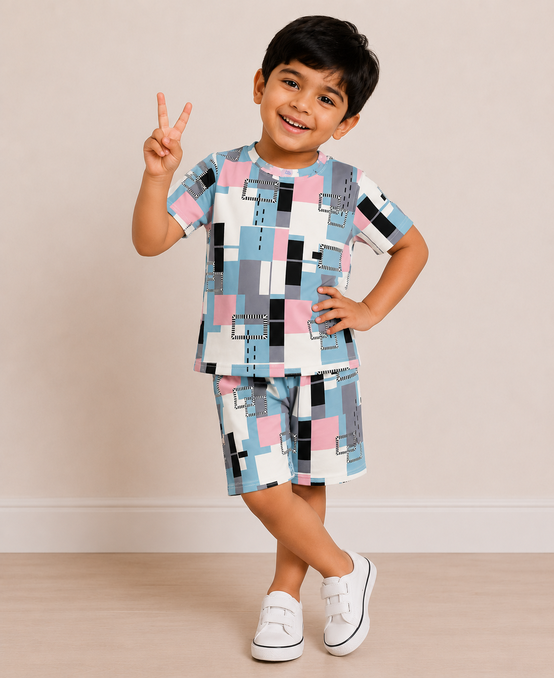 Pastel Geometric Print T-Shirt & Shorts Co-ord Set