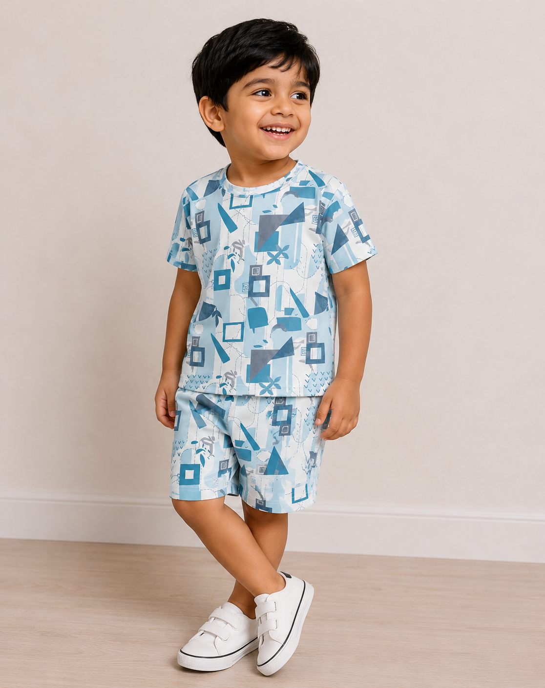 Blue Geometric Print T-Shirt & Shorts Co-ord Set