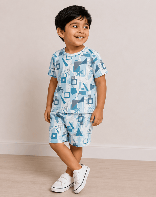 Blue Geometric Print T-Shirt & Shorts Co-ord Set