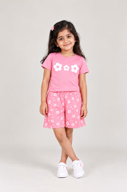 Blooming Flowers Cotton T-Shirt & Shorts Co-Ord Set