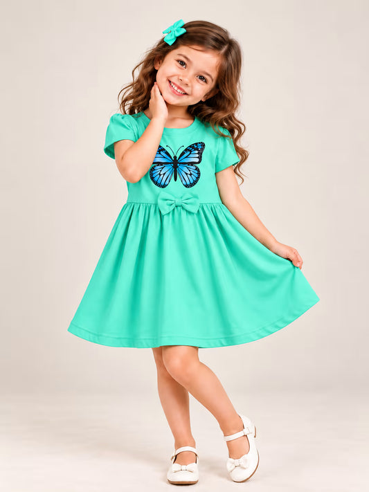🦋 Mint Butterfly Bow Girls Dress – Cute Cotton Frock for Girls