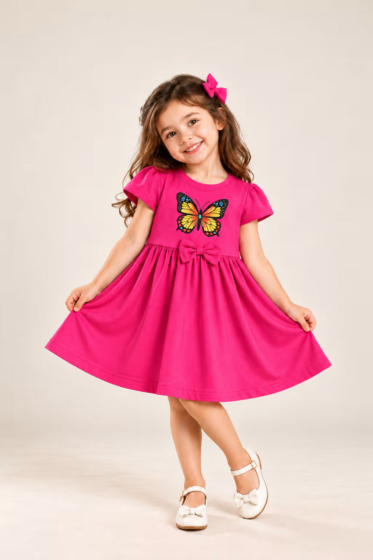 🦋 Hot Pink Butterfly Bow Girls Dress – Cute Cotton Frock for Girls