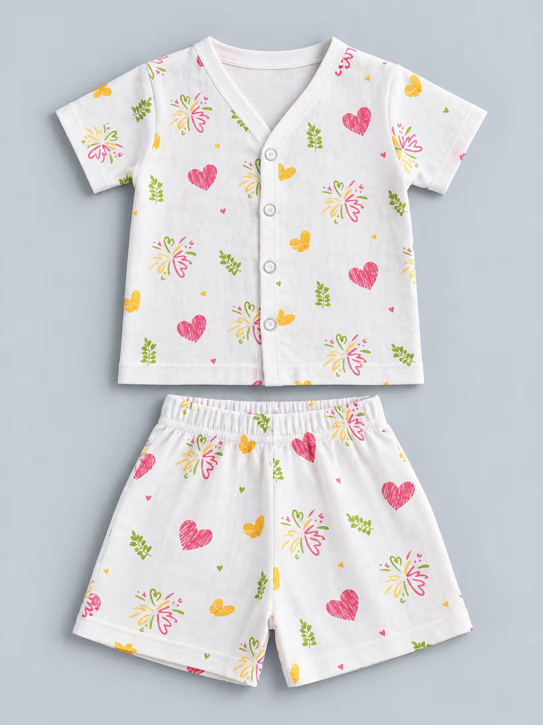 💖 Little Hearts & Butterflies Printed Muslin Jabla with Shorts Set – Baby Outfit