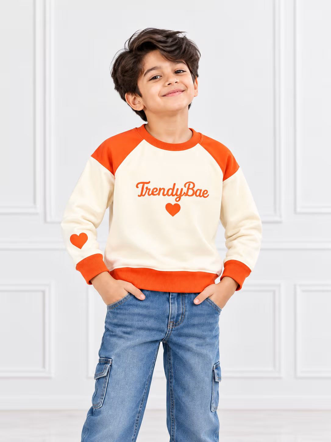 TrendyBae Heart Print Raglan Full Sleeve Kids Sweatshirt 🧡