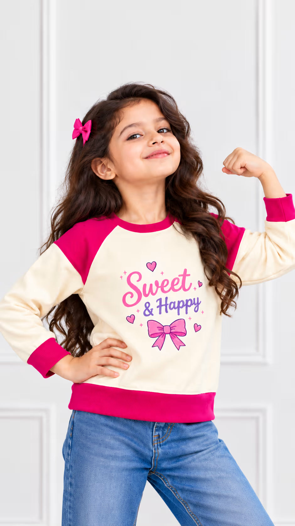 Sweet Happy Bow Print Raglan Full Sleeve T-Shirt💕