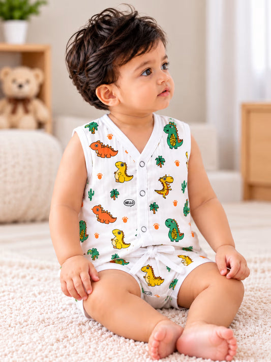 👶 Newborn Muslin Sleeveless Jabla with Nappy Set – Dinosaur Print