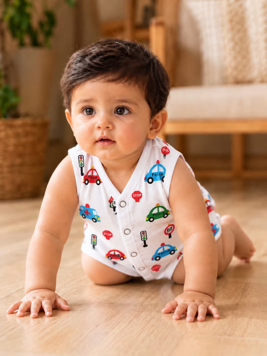 👶 Newborn Muslin Sleeveless  Jabla with Nappy Set – Vehicle Print