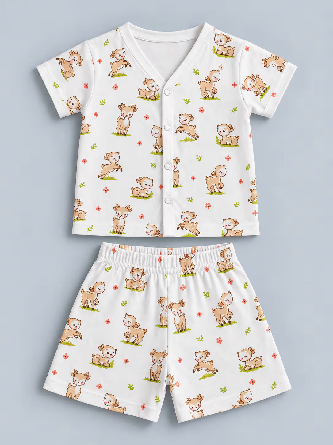 🦌 Cute Little Deer Printed Muslin Jabla with Shorts Set – Baby Outfit