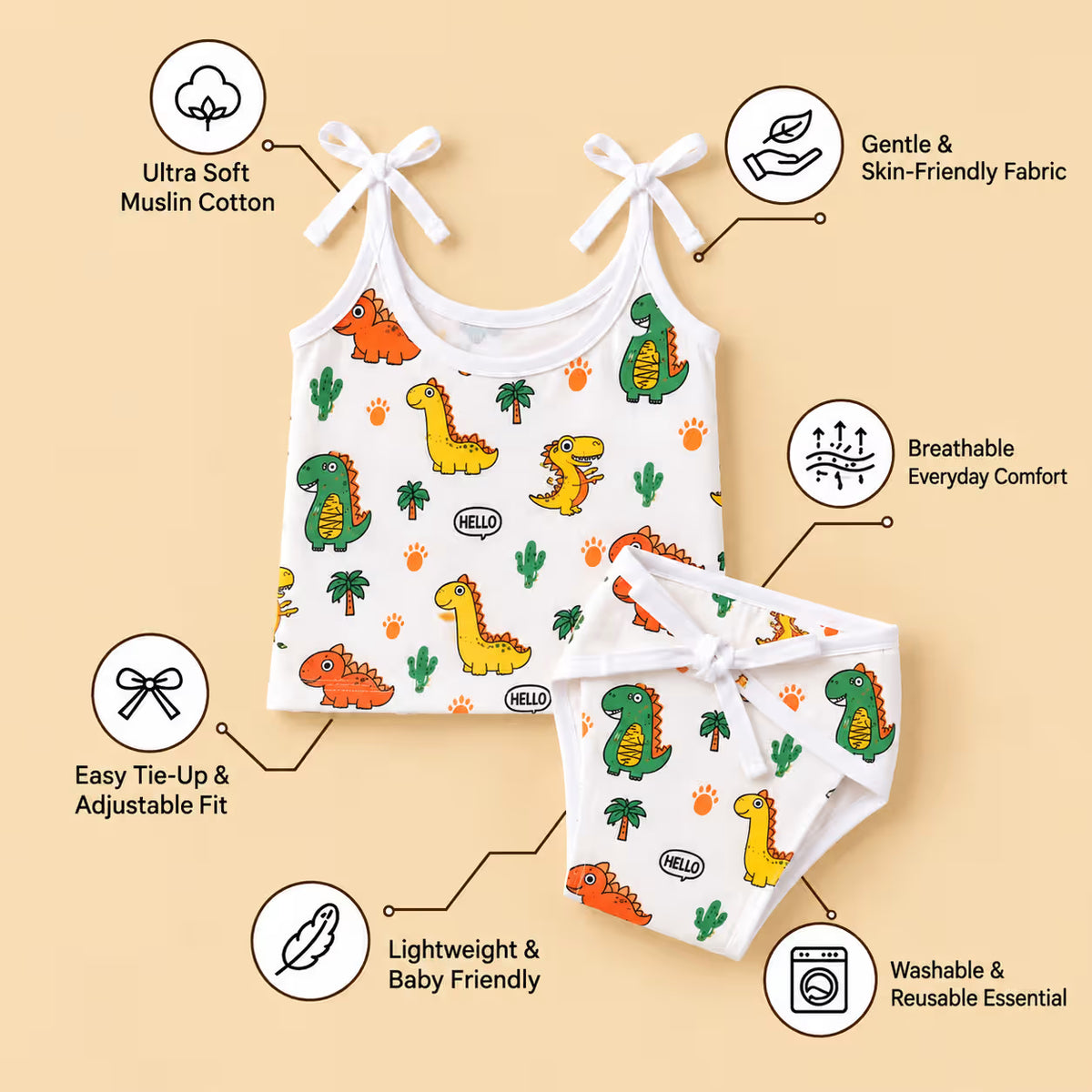 👶 Newborn Baby Dinosaur Print Muslin Tie-Shoulder Jabla & Nappy Set