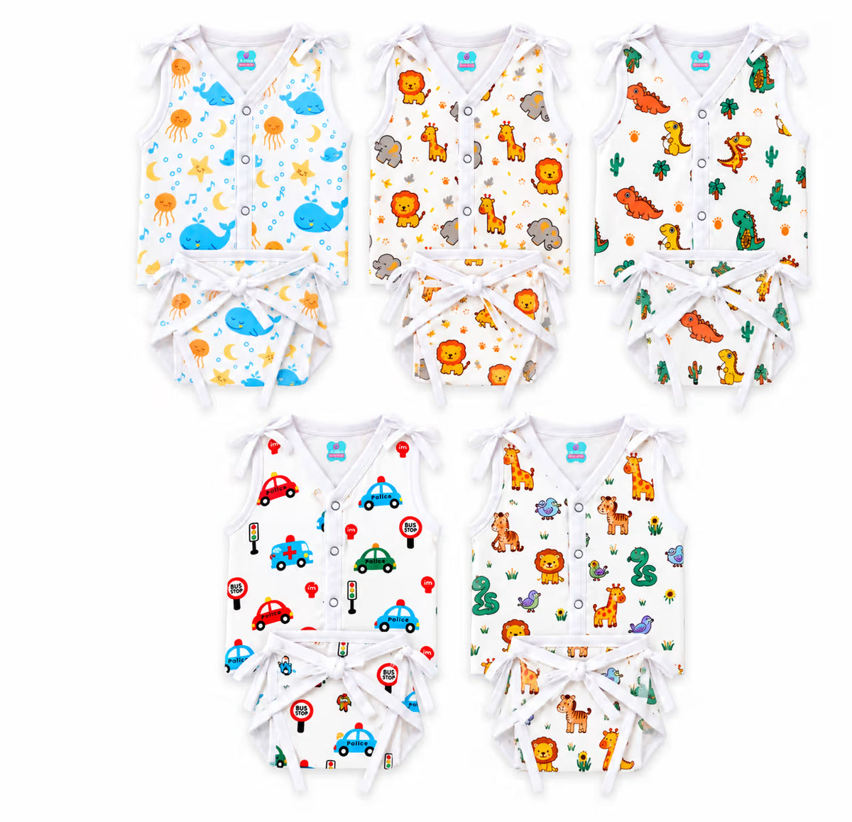 Newborn Baby Tie-Shoulder Printed Jabla & Nappy Set – Pack of 5 Designs