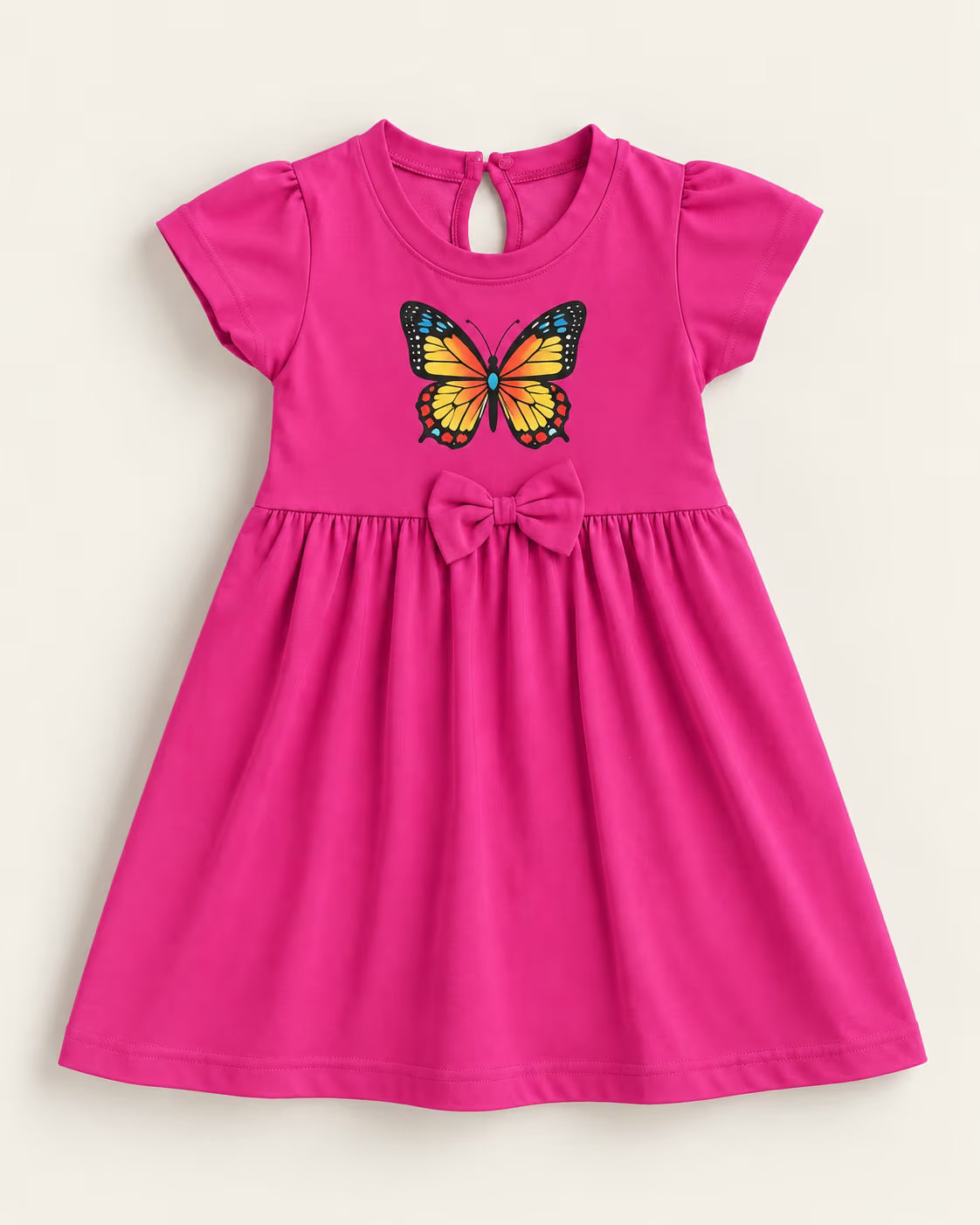 🦋 Hot Pink Butterfly Bow Girls Dress – Cute Cotton Frock for Girls