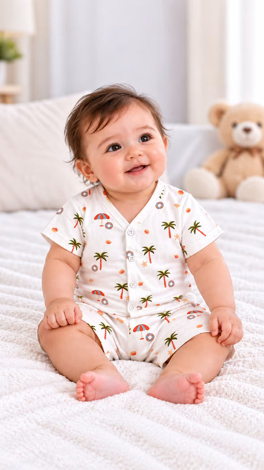 🏝️ Beach Paradise Printed Muslin Jabla with Shorts Set