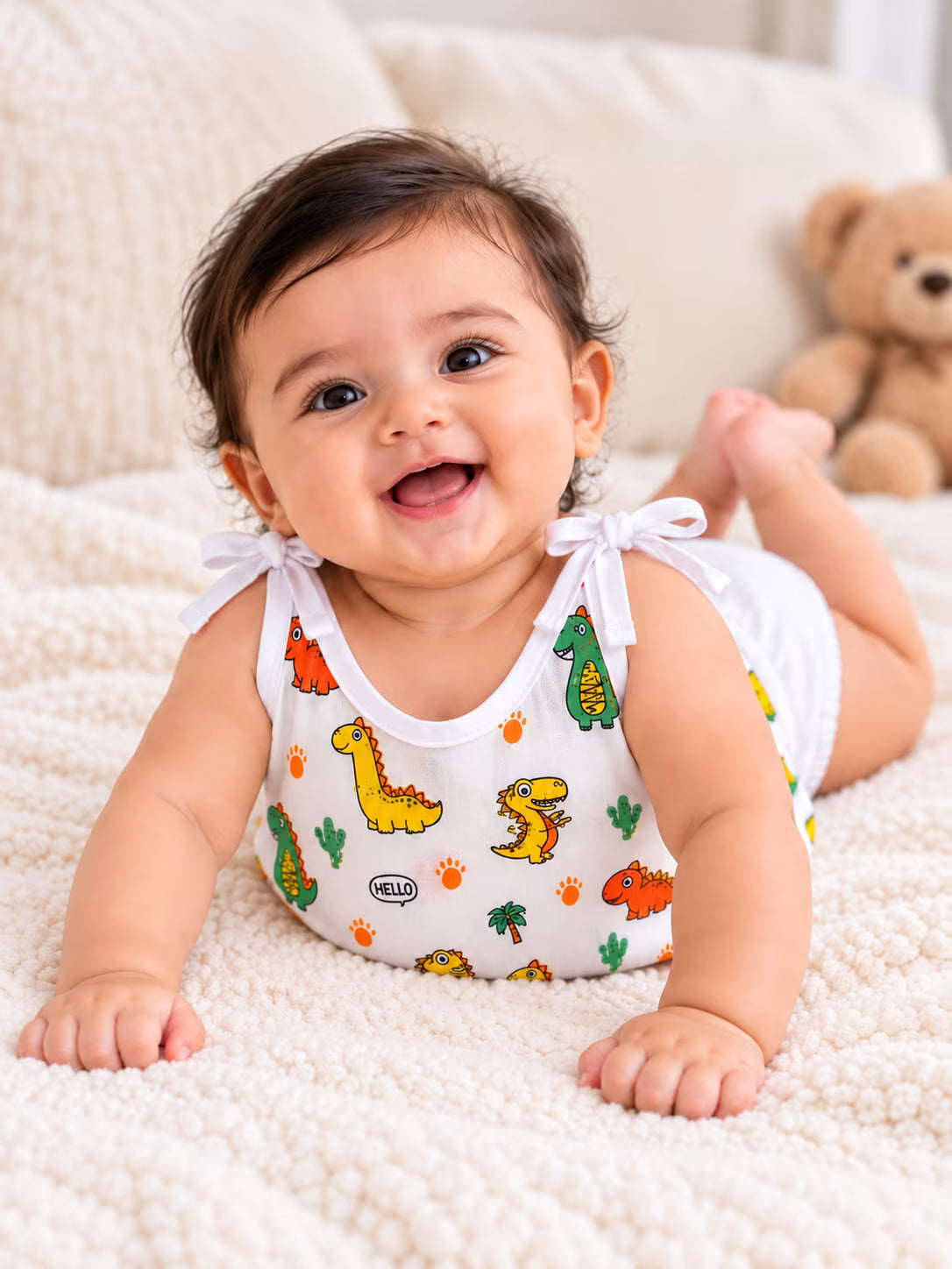 👶 Newborn Baby Dinosaur Print Tie-Shoulder Jabla