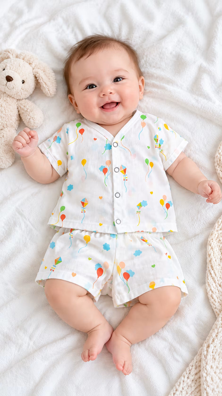 🎈 Pastel Balloon & Kite Printed Muslin Jabla with Shorts Set – Baby Outfit
