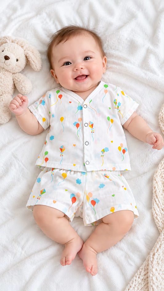 🎈 Pastel Balloon & Kite Printed Muslin Jabla with Shorts Set – Baby Outfit