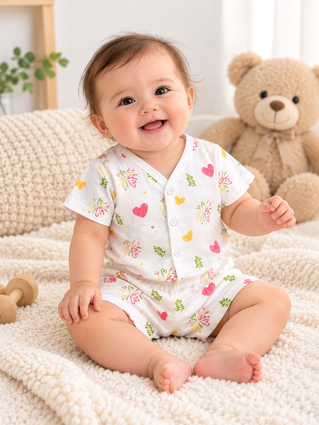 💖 Little Hearts & Butterflies Printed Muslin Jabla with Shorts Set – Baby Outfit