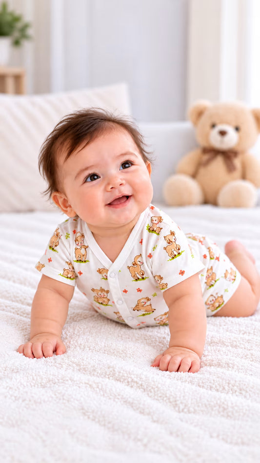 🦌 Cute Little Deer Printed Muslin Jabla with Shorts Set – Baby Outfit
