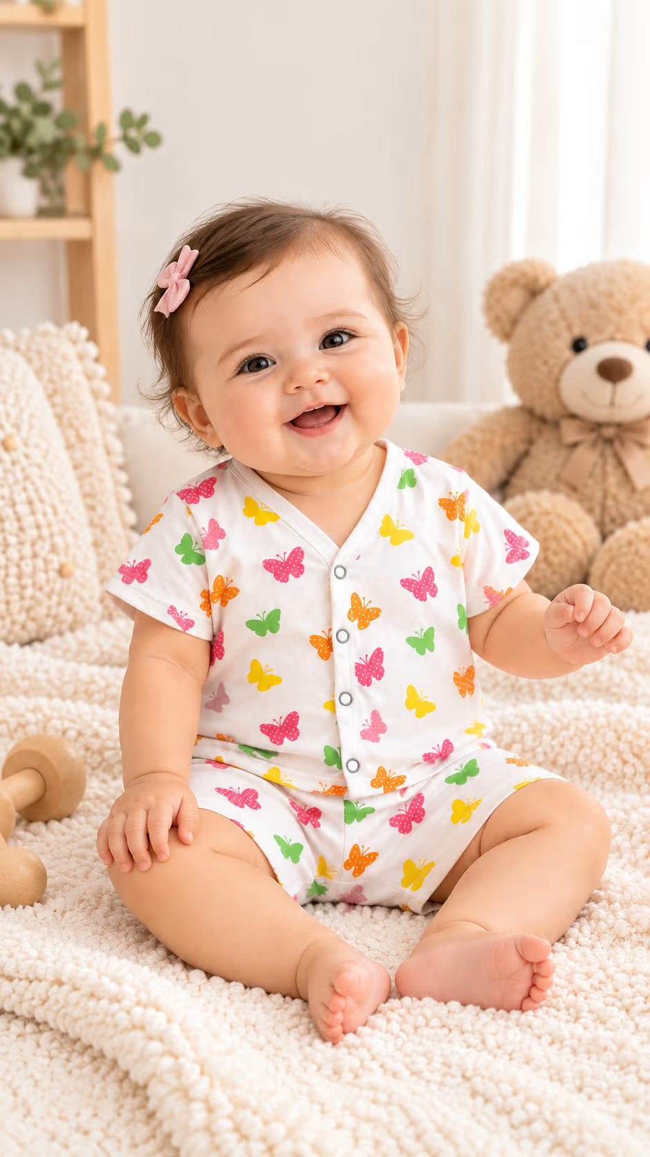 🦋 Colorful Butterfly Printed Muslin Jabla with Shorts Set – Baby Outfit