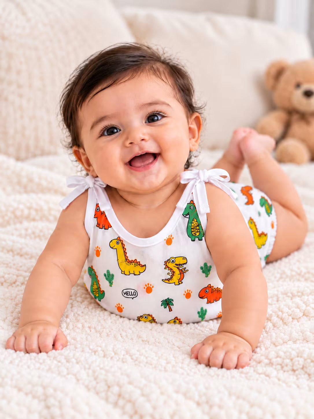 👶 Newborn Baby Dinosaur Print Muslin Tie-Shoulder Jabla & Nappy Set