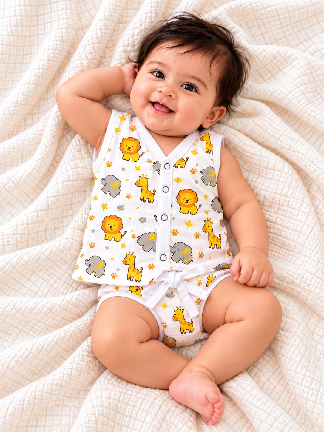 👶 Newborn Muslin Sleeveless Jabla with Nappy Set – Safari Print