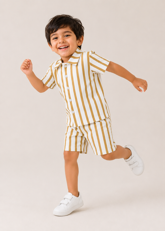 Golden Stripe Kids Shirt & Shorts Co-Ord Set ⭐