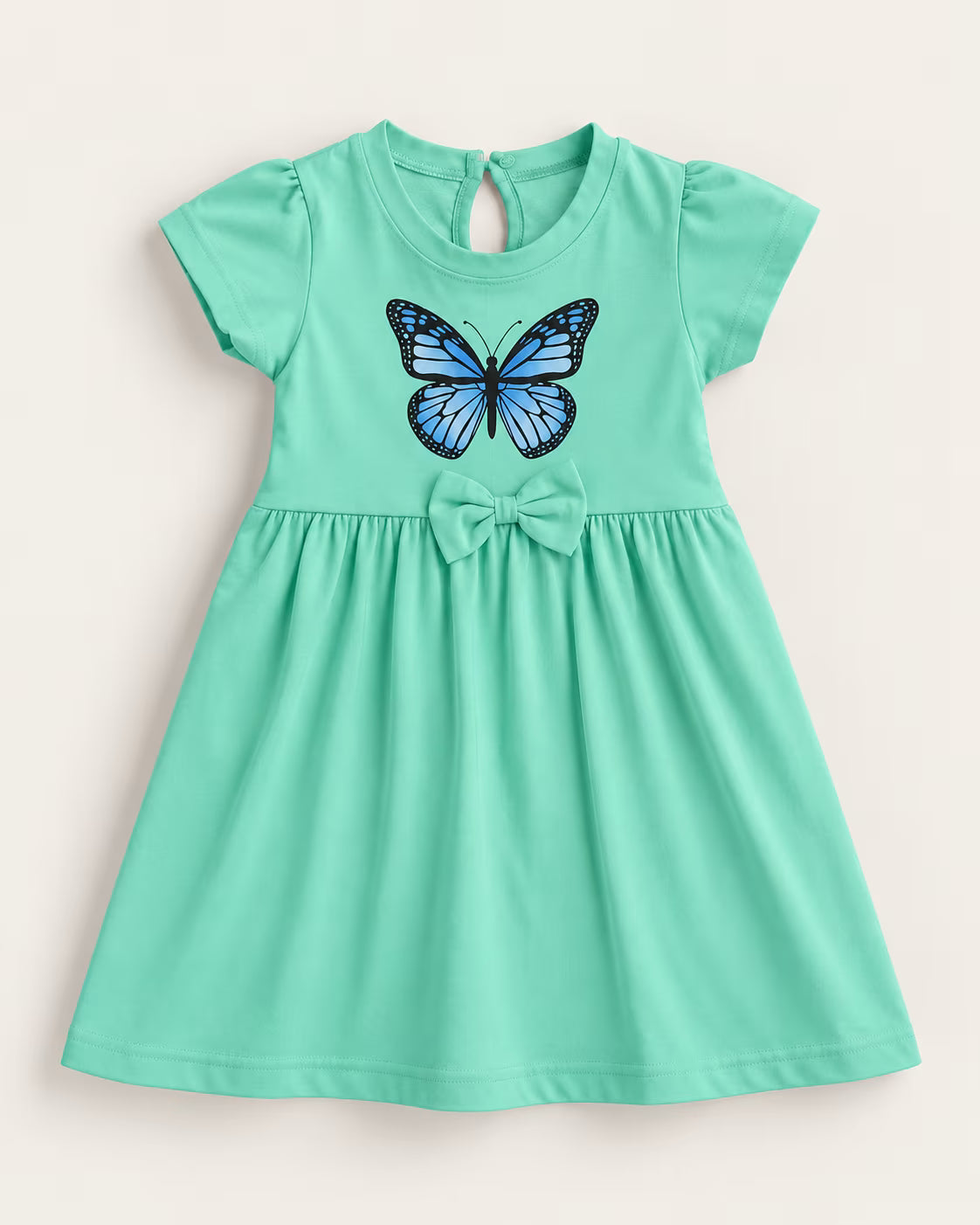 🦋 Mint Butterfly Bow Girls Dress – Cute Cotton Frock for Girls