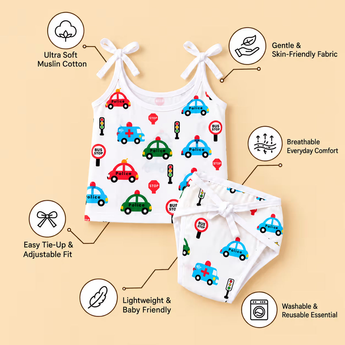 👶 Newborn Baby Police Car & Traffic Signs Muslin Tie-Shoulder Jabla & Nappy Set