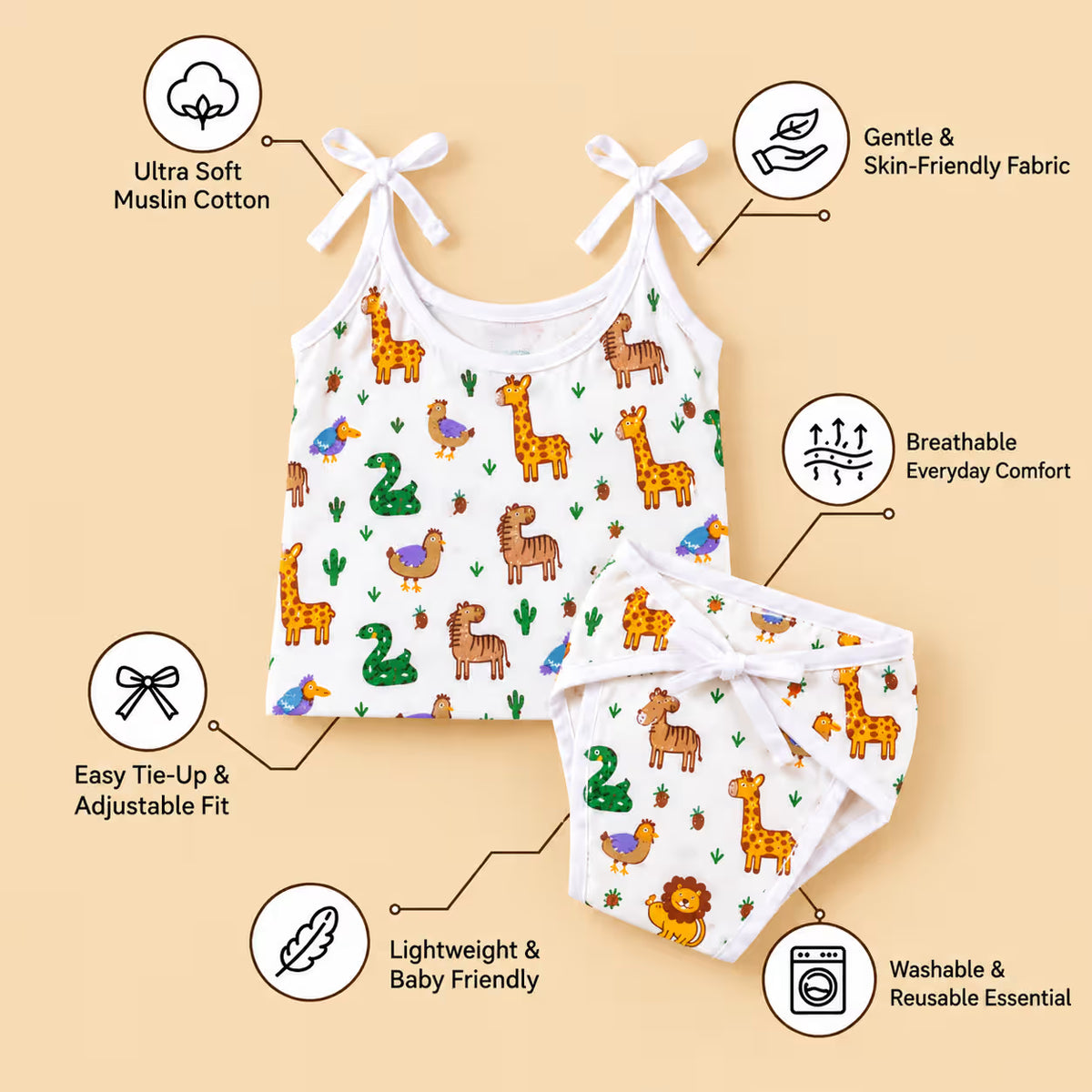 👶 Newborn Baby Safari Animals Muslin Tie-Shoulder Jabla & Nappy Set