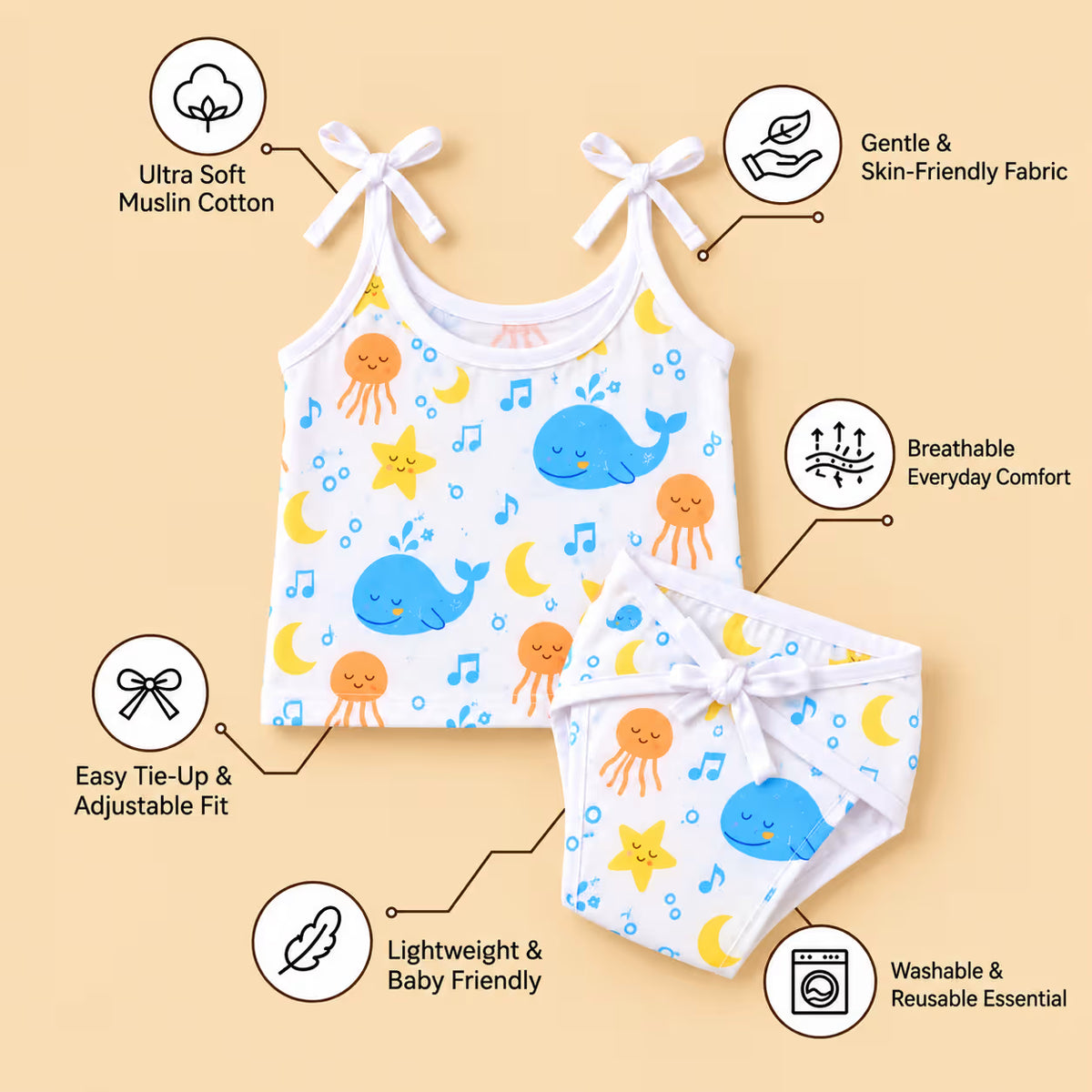 Newborn Baby Tie-Shoulder Printed Jabla & Nappy Set – Pack of 5 Designs