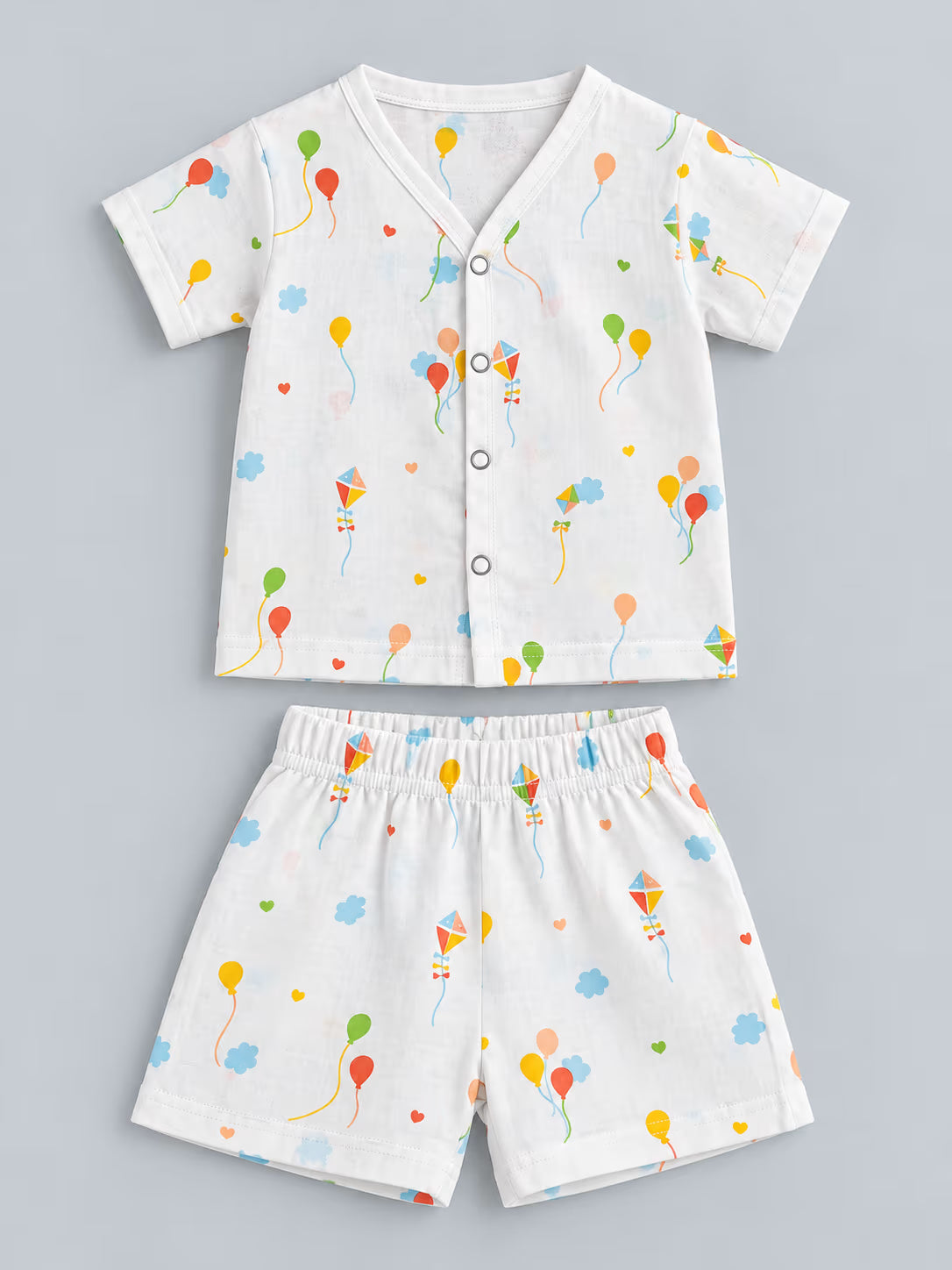🎈 Pastel Balloon & Kite Printed Muslin Jabla with Shorts Set – Baby Outfit