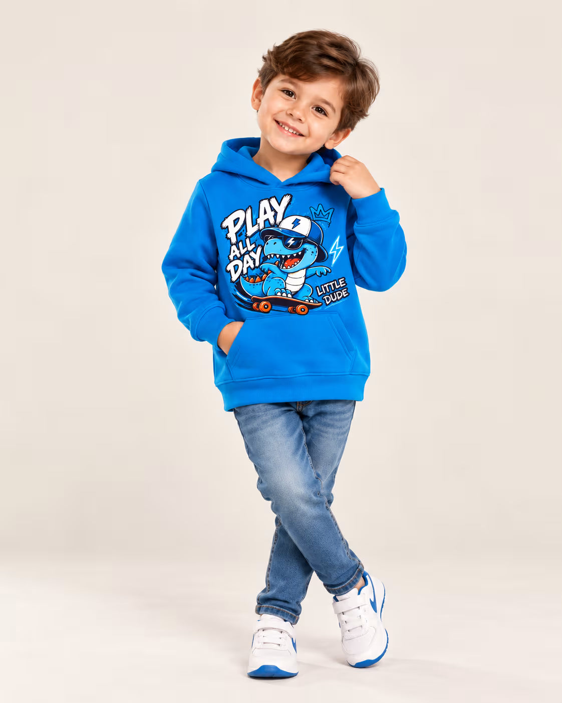 🦖 Blue Dino Skater Kids Hoodie